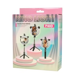Bluetooth Selfie Stick P40D-4 with Ring Light 6" Wireless Tripod Black Bluetooth Selfie Stick P40D-4 with Ring Light 6" Wireless Tripod Black