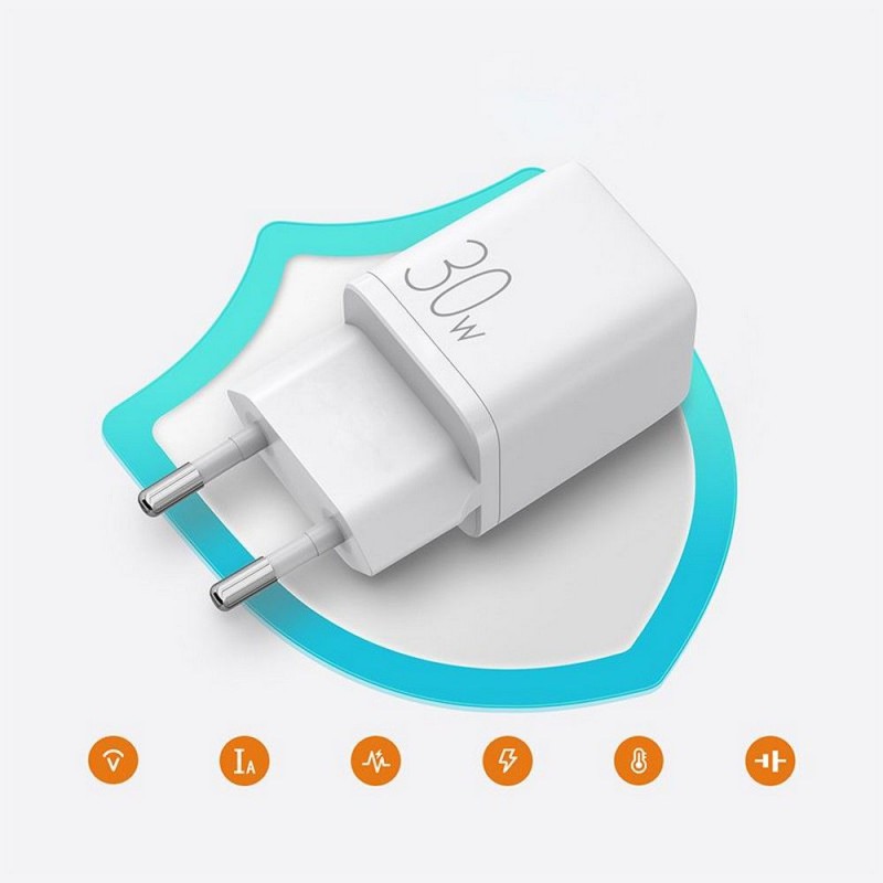 Φορτιστής Ταξιδιού Joyroom με Θύρα USB-A και Θύρα USB-C 30W Quick Charge 3.0 / Power Delivery (L-QP303) White
