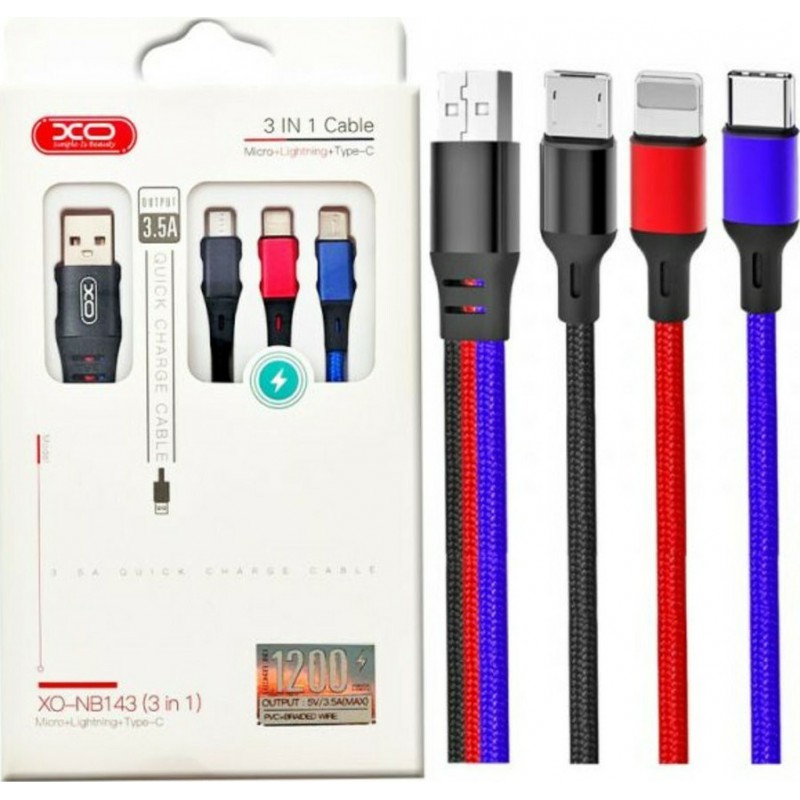Καλώδιο XO 3in1 USB Lightning/MicroUSB/Type-C 2.4A 1.2m 