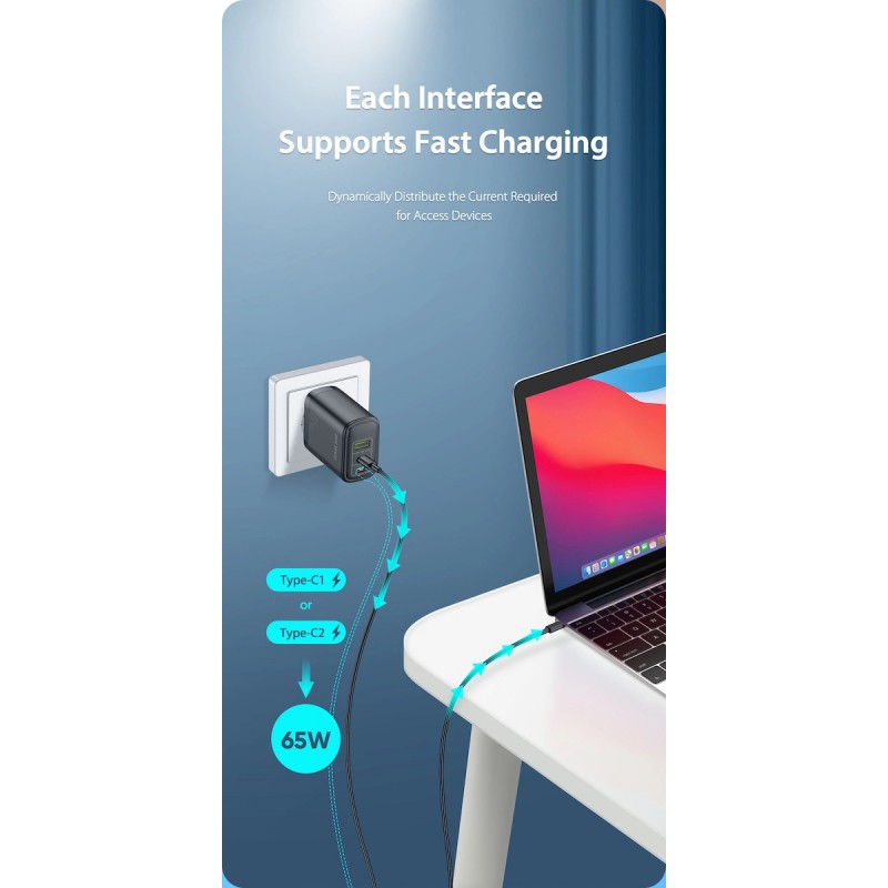 Φορτιστής Ταξιδιού DuxDucis με Θύρα USB-A και 2 Θύρες USB-C 60W Quick Charge 3.0 / Power Delivery Black