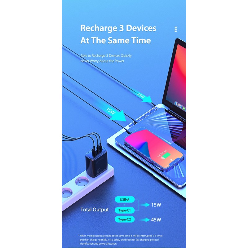 Φορτιστής Ταξιδιού DuxDucis με Θύρα USB-A και 2 Θύρες USB-C 60W Quick Charge 3.0 / Power Delivery Black