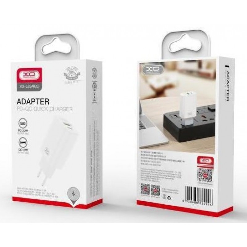 Φορτιστής Ταξιδιού XO L85A PD + QC 18W  Fast Charger White (2 Θύρες)