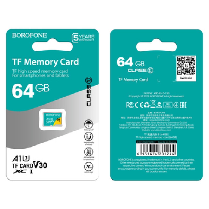 Κάρτα μνήμης Borofone MicroSD Card 64GB SDHC Class10 95MB/s