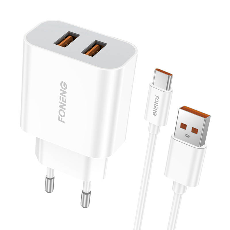 Φορτιστής Ταξιδιού Foneng Fast Charge EU45 2x USB & Type C Cable White 