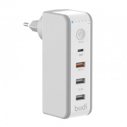 Φορτιστής Ταξιδιού Budi 3 Θύρες USB-A και Θύρα USB-C Power Delivery Quick Charge 3.0 (White)