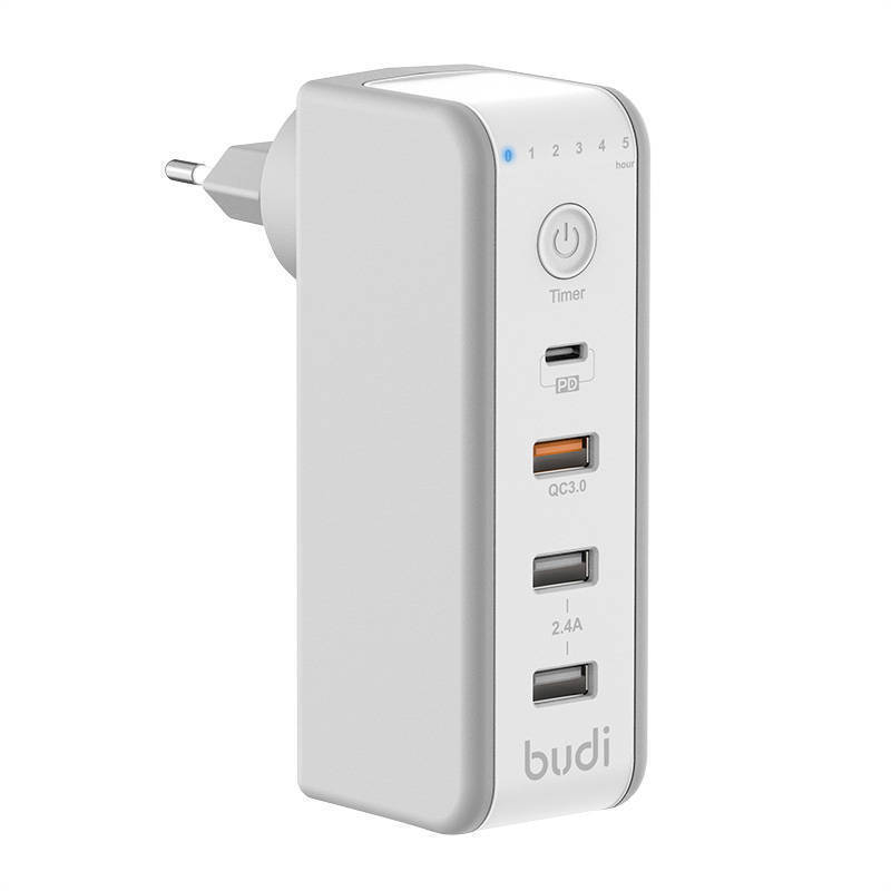 Φορτιστής Ταξιδιού Budi 3 Θύρες USB-A και Θύρα USB-C Power Delivery Quick Charge 3.0 (White)