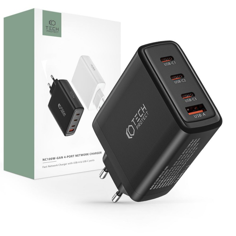 Φορτιστής Ταξιδίου Tech-Protect GaN4 65W 100W Network Charger Black