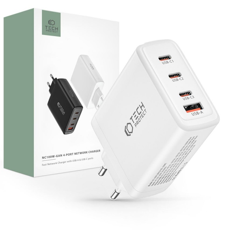 Φορτιστής Ταξιδίου Tech-Protect GaN4 65W 100W Network Charger White