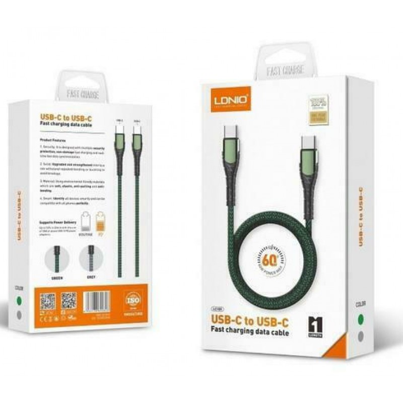 Καλώδιo Data Ldnio LC101 Type-C to Type-C 60W 1m Green
