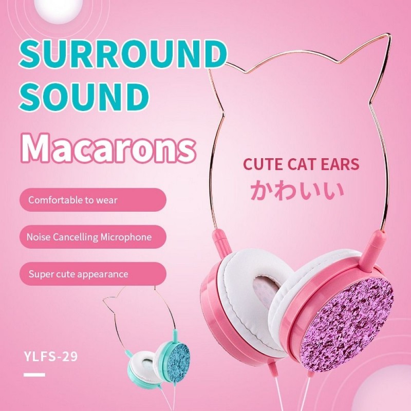 Ακουστικά Handsfree Cat Ear YLFS-22 Wired Jack 3.5mm Headphones Gold