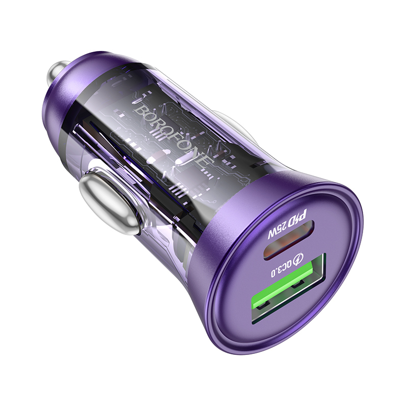 Φορτιστής Αυτοκινήτου Borofone Car Charger BZ26A 1xUSB 1xType-C 3A Transparent Purple