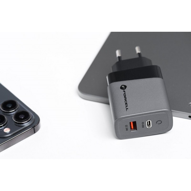Φορτιστής Ταξιδίου Forcell F-Energy GaN Travel Charger with USB C and USB A 45W Quick Charge Grey Φορτιστής Ταξιδίου Forcell F-Energy GaN Travel Charger with USB C and USB A 45W Quick Charge Grey