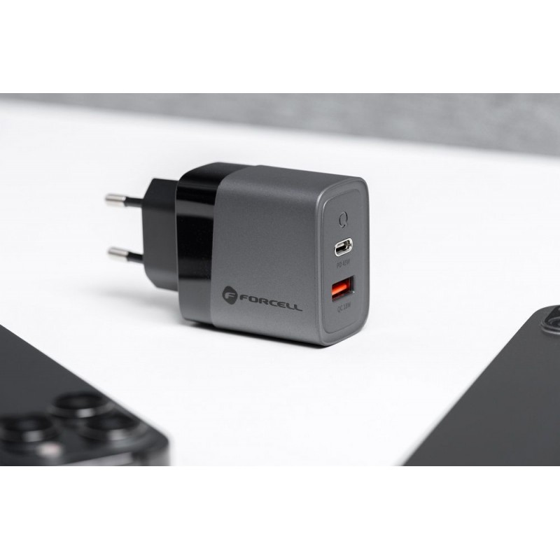 Φορτιστής Ταξιδίου Forcell F-Energy GaN Travel Charger with USB C and USB A 45W Quick Charge Grey Φορτιστής Ταξιδίου Forcell F-Energy GaN Travel Charger with USB C and USB A 45W Quick Charge Grey
