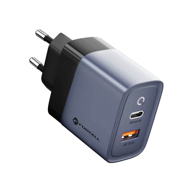 Φορτιστής Ταξιδίου Forcell F-Energy GaN Travel Charger with USB C and USB A 45W Quick Charge Grey Φορτιστής Ταξιδίου Forcell F-Energy GaN Travel Charger with USB C and USB A 45W Quick Charge Grey