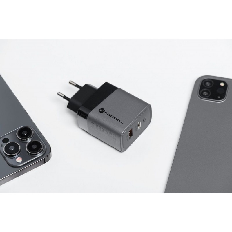 Φορτιστής Ταξιδίου Forcell F-Energy GaN Travel Charger with USB C and USB A 45W Quick Charge Grey Φορτιστής Ταξιδίου Forcell F-Energy GaN Travel Charger with USB C and USB A 45W Quick Charge Grey