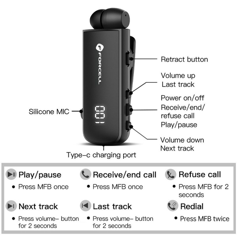 Ακουστικό Bluetooth Forcell F-Audio Wireless Earphone Drive Earbud Black