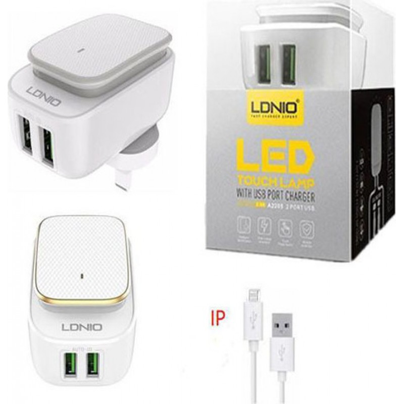 Φορτιστής Ταξιδιού Ldnio A2205Q Adapter 2xUSB-A & USB to Lightning Cable 12W White