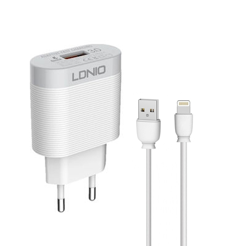 Φορτιστής Ταξιδιού Ldnio A303Q Adapter 18W & 1m Lightning Καλώδιο White
