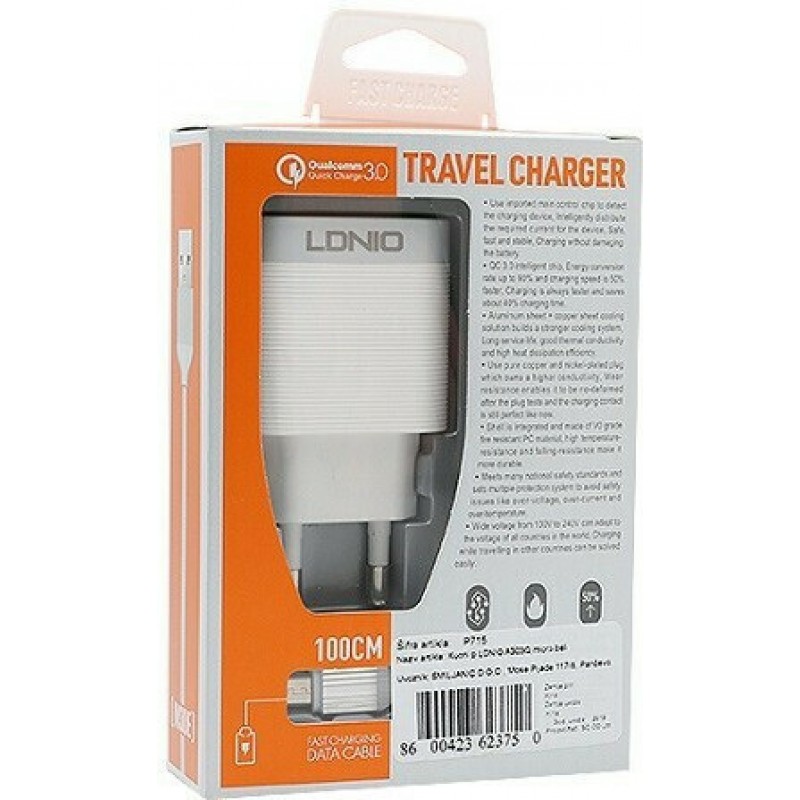 Φορτιστής Ταξιδιού Ldnio A303Q Adapter 18W & 1m Lightning Καλώδιο White