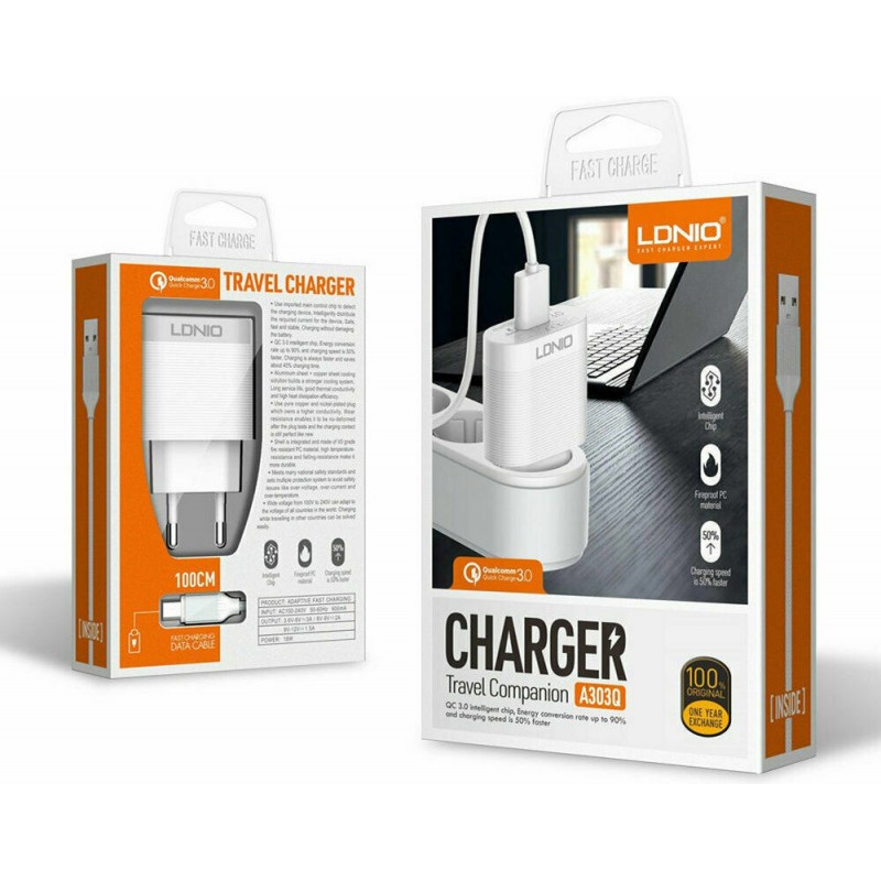 Φορτιστής Ταξιδιού Ldnio A303Q Adapter 18W & 1m Lightning Καλώδιο White