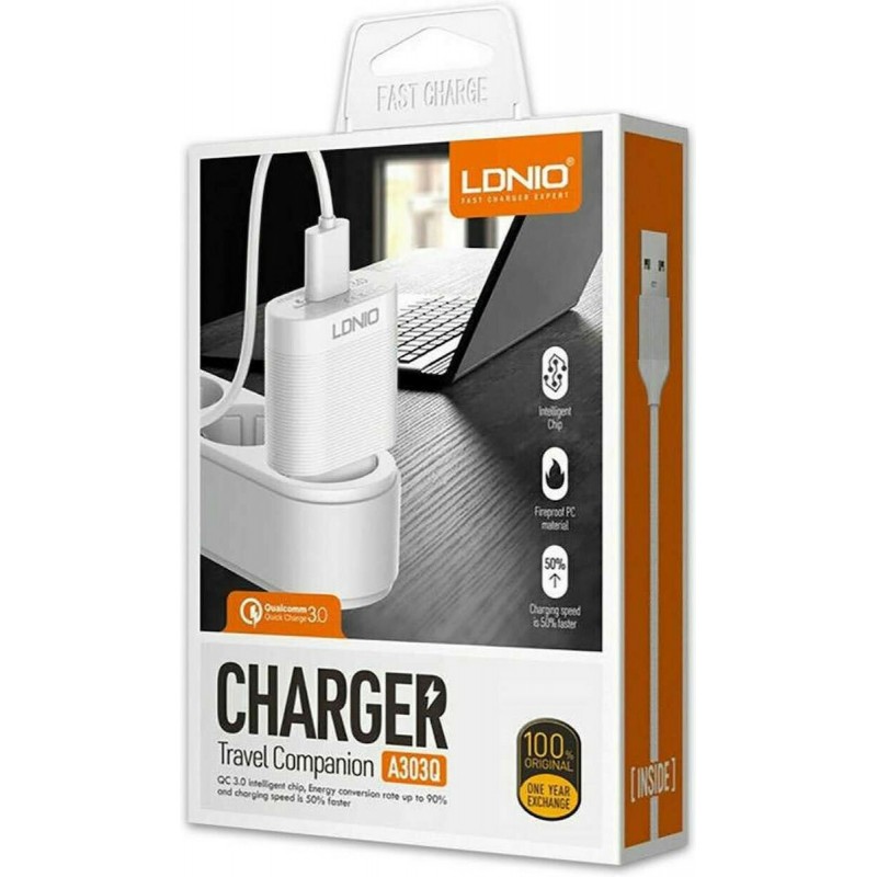 Φορτιστής Ταξιδιού Ldnio A303Q Adapter 18W & 1m Lightning Καλώδιο White