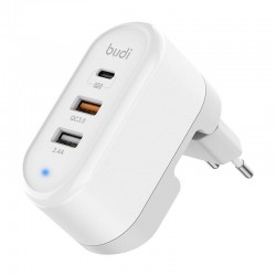 Φορτιστής Ταξιδιού Budi 3 Θύρες USB-A και Θύρα USB-C Power Delivery Quick Charge (White)