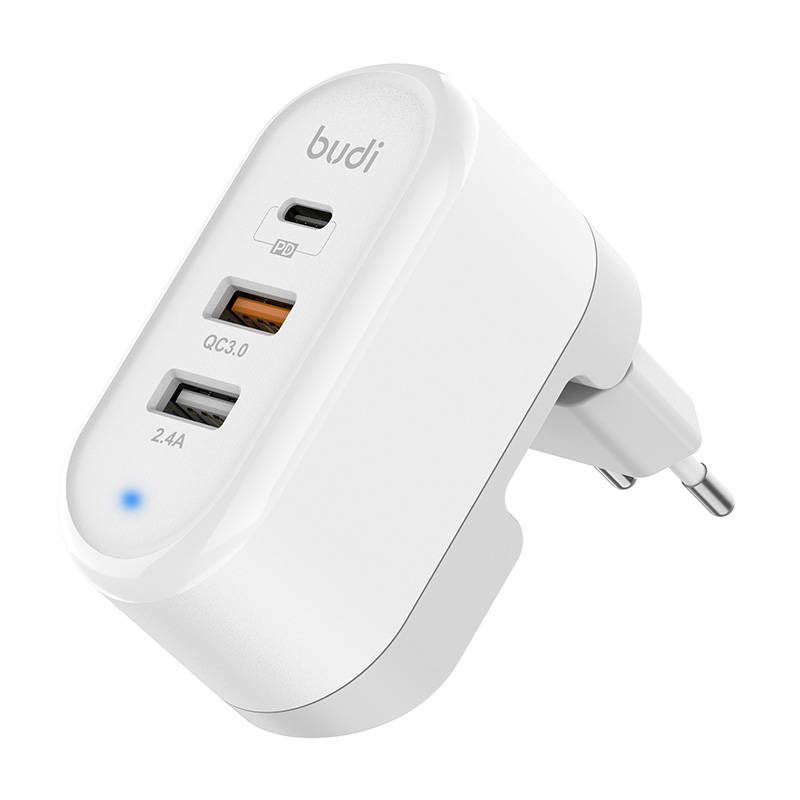 Φορτιστής Ταξιδιού Budi 3 Θύρες USB-A και Θύρα USB-C Power Delivery Quick Charge (White)
