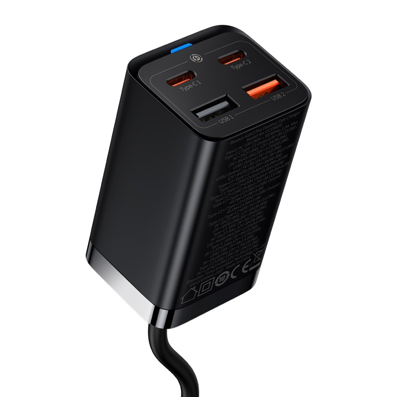 Φορτιστής Ταξιδιού Baseus Wall Charger GaN3 Pro PD 65W 2x USB-C 2x USB & USB-C to USB-C Cable  Black