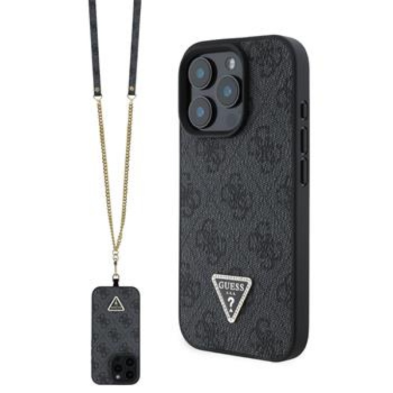 Θήκη Guess PU 4G Strass Triangle Metal Logo Case + Crossbody Strap Apple iPhone 16 Pro Max (6.9") Black