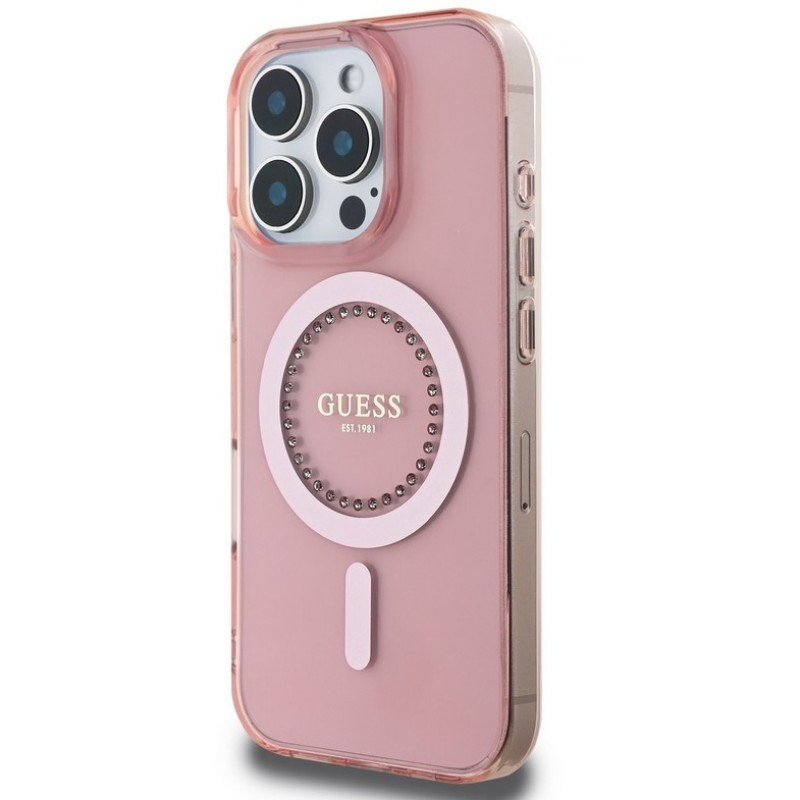 Θήκη Guess IML Rhinestones Ring MagSafe Case Apple iPhone 16 Pro Max (6.9") Pink