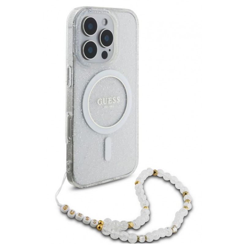 Θήκη Guess IML Glitter Beads Strap MagSafe Case Apple iPhone 16 Pro Max (6.9") Transparent