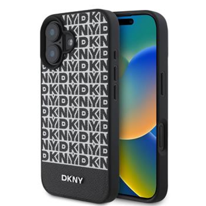 Θήκη DKNY PU Leather Repeat Pattern Bottom Stripe MagSafe Case for Apple iPhone 16 Plus (6.7") Black
