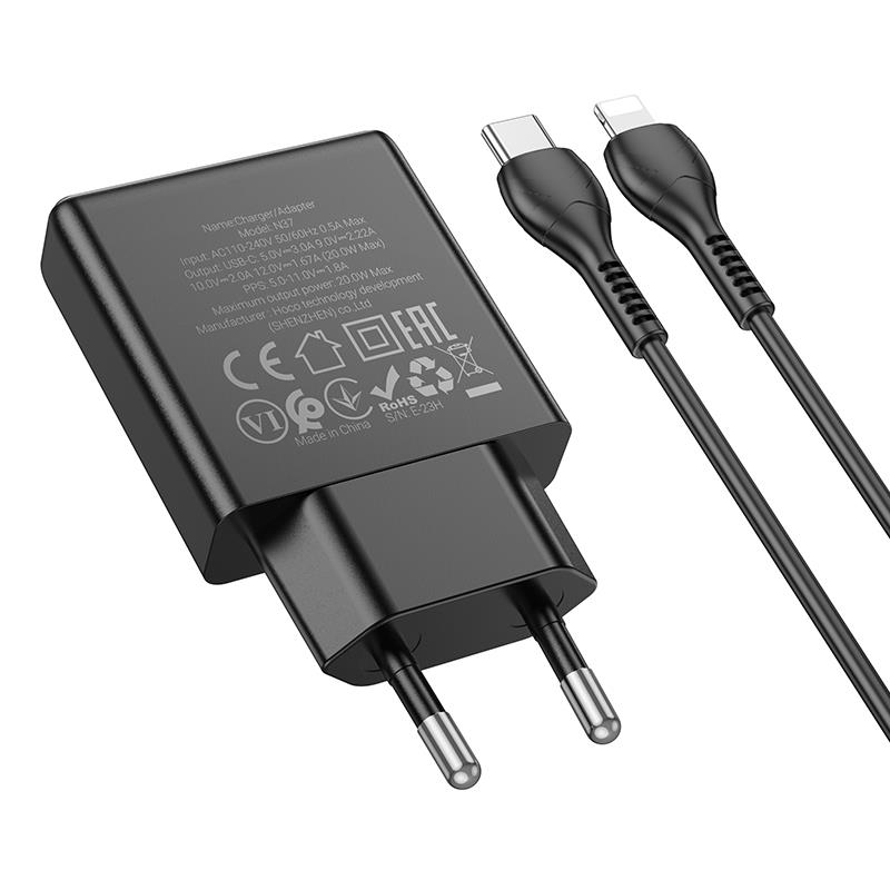 Φορτιστής Ταξιδιού Hoco N37 Delgado USB-C & Cable Type-c to Lightning Black
