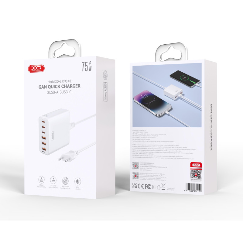 Φορτιστής Desktop XO L133 75W GAN 3xUSB-A & 3xType-C