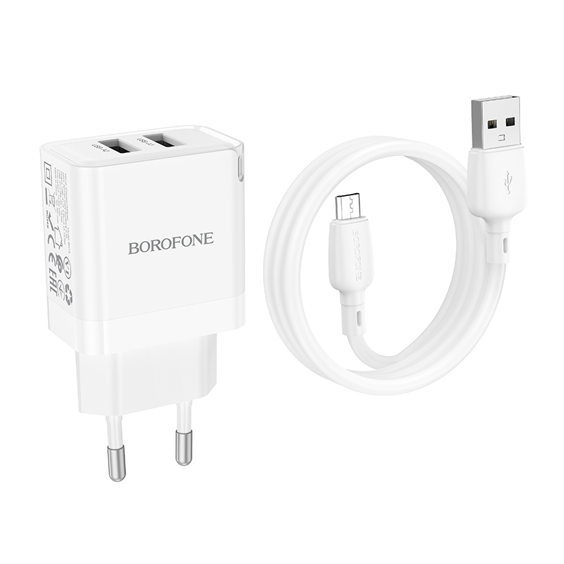 Φορτιστής Borofone Wall Charger BN15 2XUSB 2.4A & Καλώδιο USB TO Micro USB White