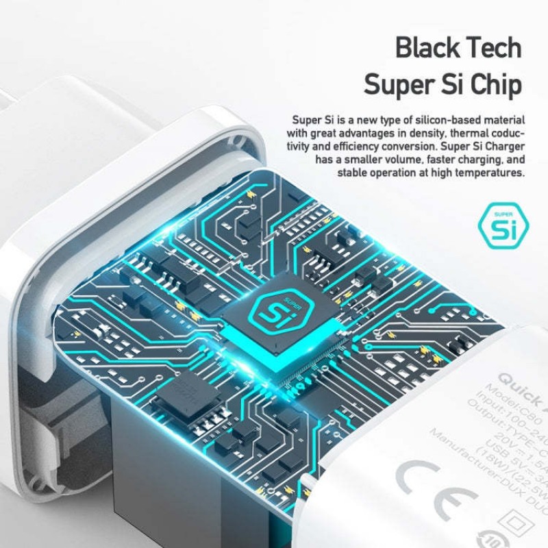 Φορτιστής Ταξιδιού DuxDucis Wall Charger C80 Super Si με Θύρα USB-A και Θύρα USB-C 30W QC 3.0 18W 3A White