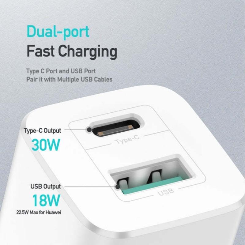 Φορτιστής Ταξιδιού DuxDucis Wall Charger C80 Super Si με Θύρα USB-A και Θύρα USB-C 30W QC 3.0 18W 3A White