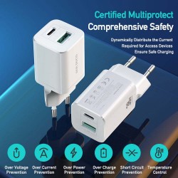 Φορτιστής Ταξιδιού DuxDucis Wall Charger C80 Super Si με Θύρα USB-A και Θύρα USB-C 30W QC 3.0 18W 3A White