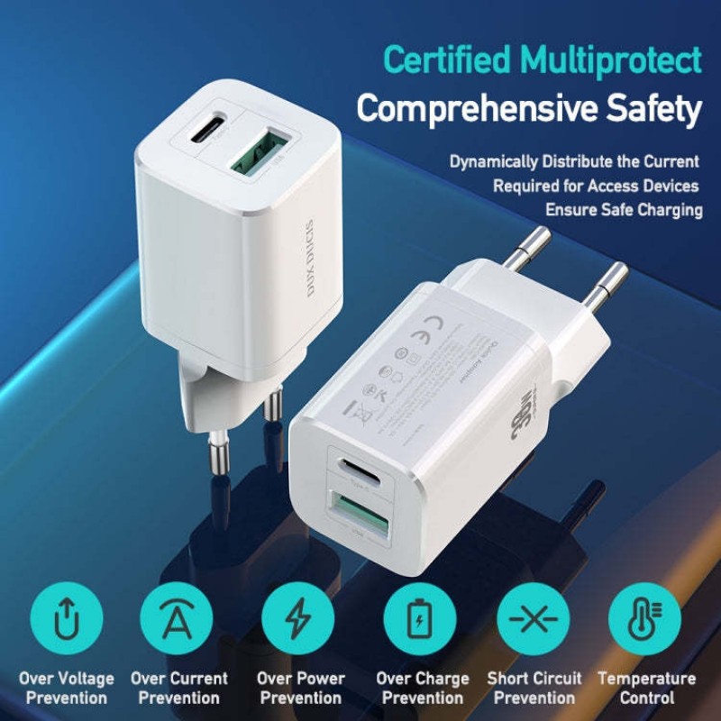 Φορτιστής Ταξιδιού DuxDucis Wall Charger C80 Super Si με Θύρα USB-A και Θύρα USB-C 30W QC 3.0 18W 3A White