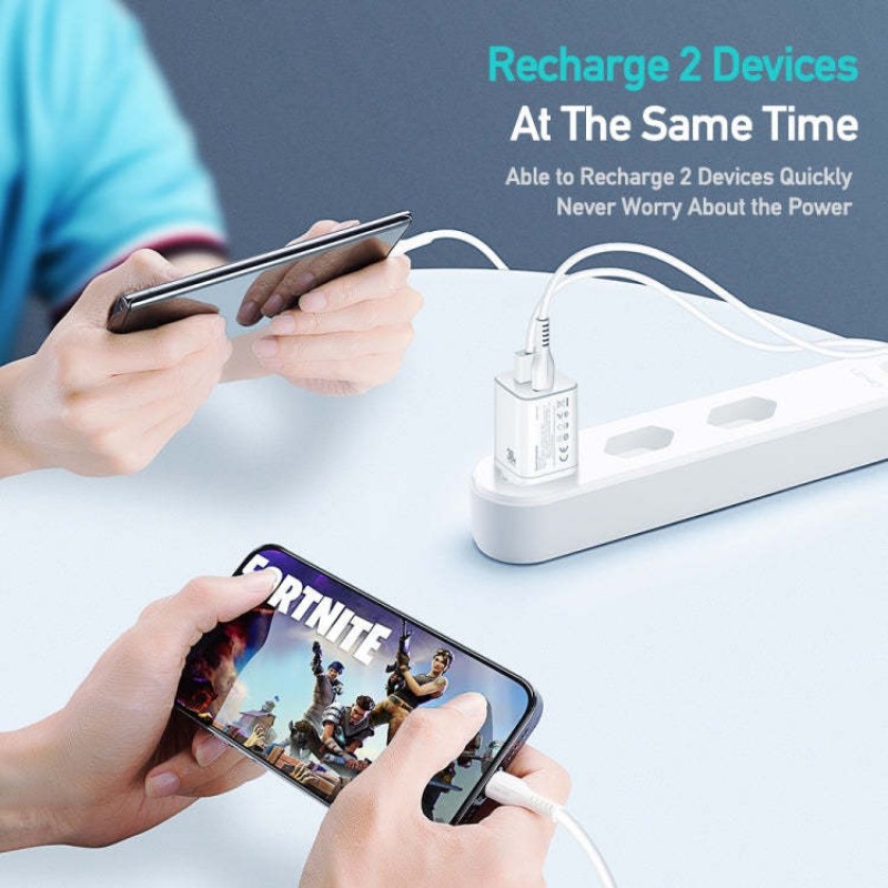 Φορτιστής Ταξιδιού DuxDucis Wall Charger C80 Super Si με Θύρα USB-A και Θύρα USB-C 30W QC 3.0 18W 3A White