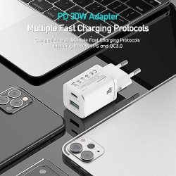 Φορτιστής Ταξιδιού DuxDucis Wall Charger C80 Super Si με Θύρα USB-A και Θύρα USB-C 30W QC 3.0 18W 3A White