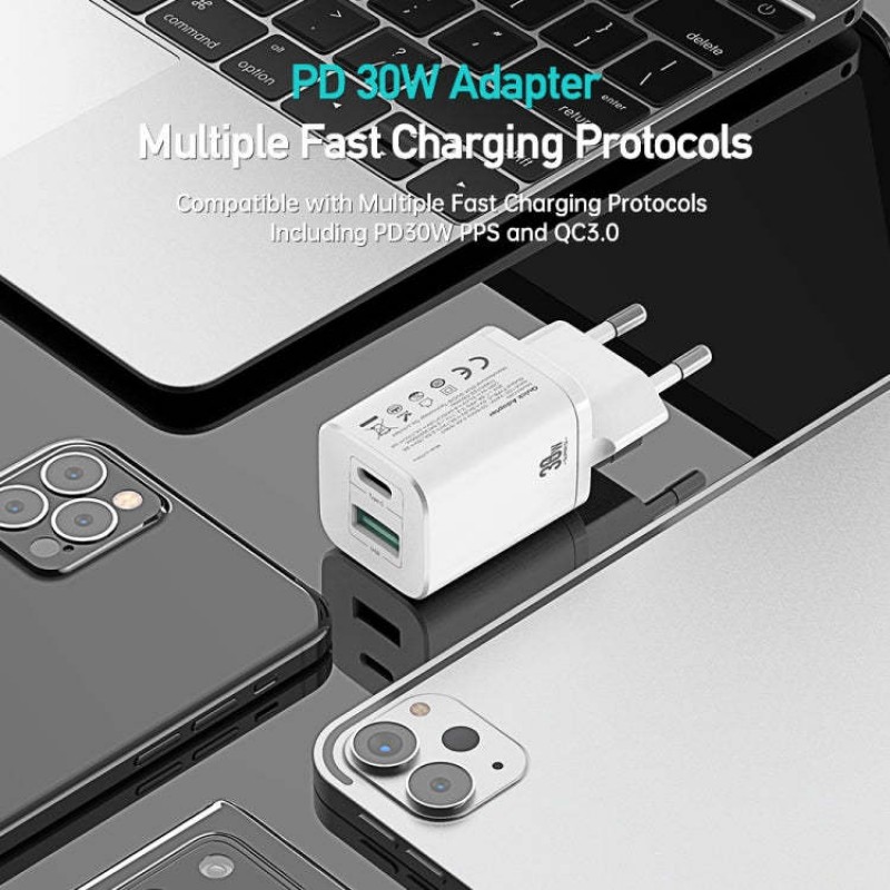 Φορτιστής Ταξιδιού DuxDucis Wall Charger C80 Super Si με Θύρα USB-A και Θύρα USB-C 30W QC 3.0 18W 3A White