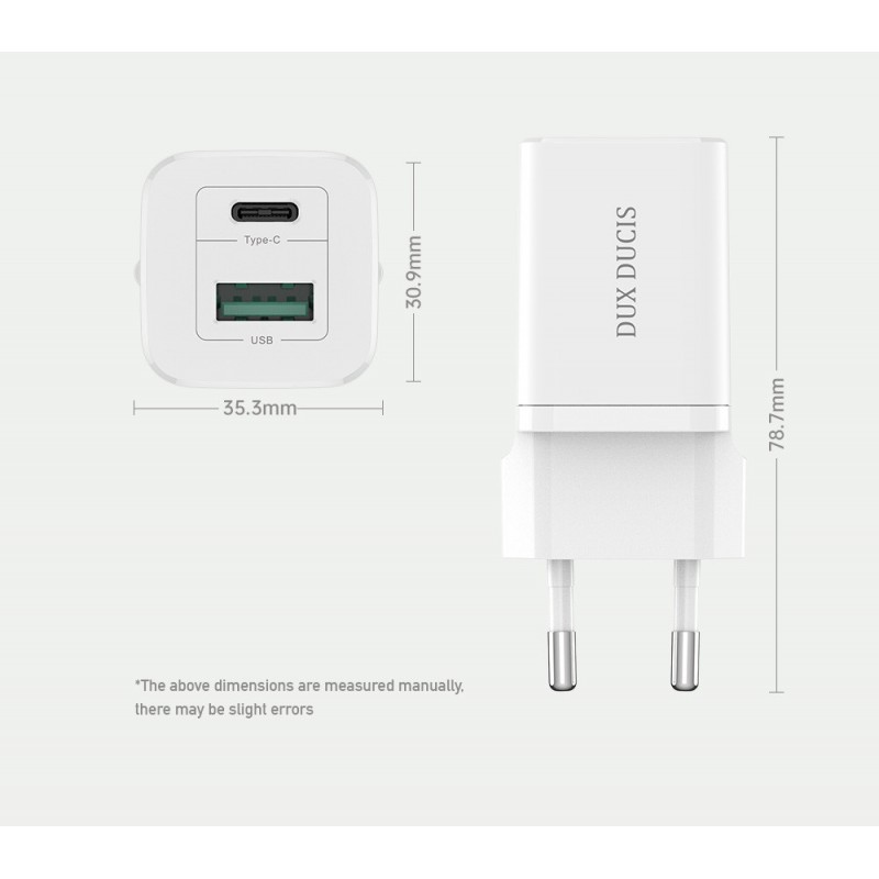 Φορτιστής Ταξιδιού DuxDucis Wall Charger C80 Super Si με Θύρα USB-A και Θύρα USB-C 30W QC 3.0 18W 3A White
