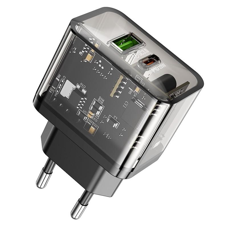 Φορτιστής Ταξιδιού Hoco N34 Dazzling Dual-Port PD20W+QC3.0 Black