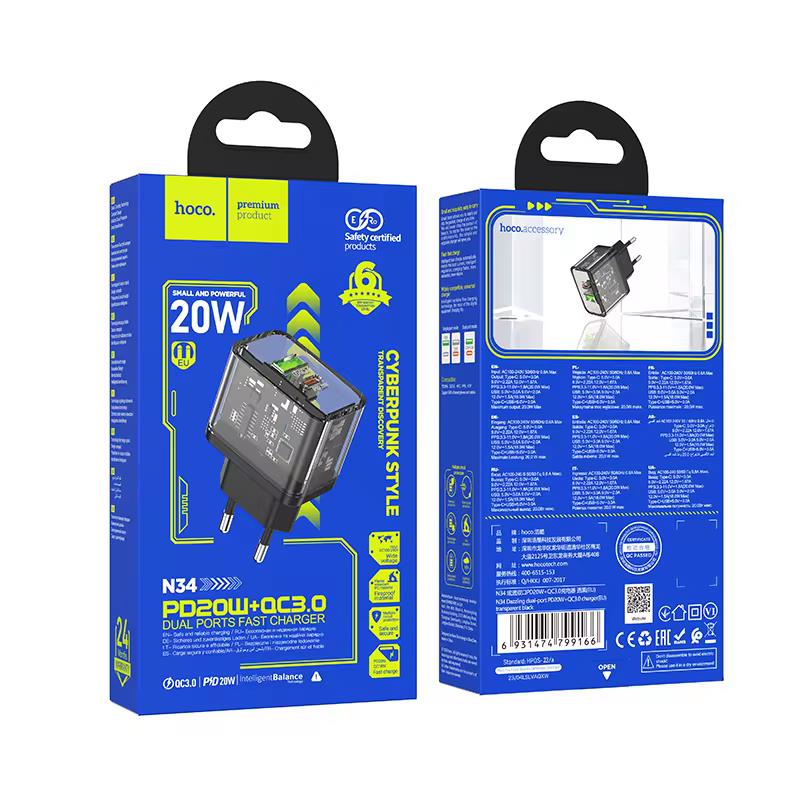 Φορτιστής Ταξιδιού Hoco N34 Dazzling Dual-Port PD20W+QC3.0 Black