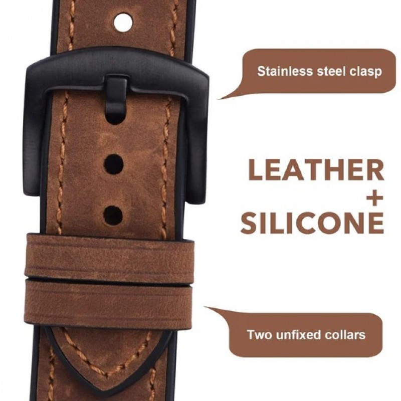 Ανταλλακτικό λουράκι Genuine Leather & Silicone Dark Brown Dual Keel για  Samsung Galaxy Watch3(45mm)/Watch(46mm)/Xiaomi Haylou LS05/Amazfit GTR(47mm)/2e(46mm)/Stratos 2/3/Mi Watch(46mm)/Huawei GT/Active/GT 2/Pro/Honor GS Pro/Magic/2(46mm) (22mm)