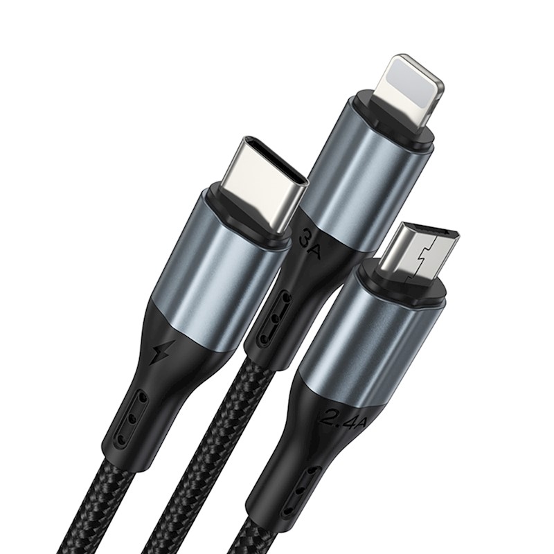 Καλώδιο Φόρτισης Bwoo X274 3in1 Usb To Type-c Lightning Micro Usb 3a 1.2m Black