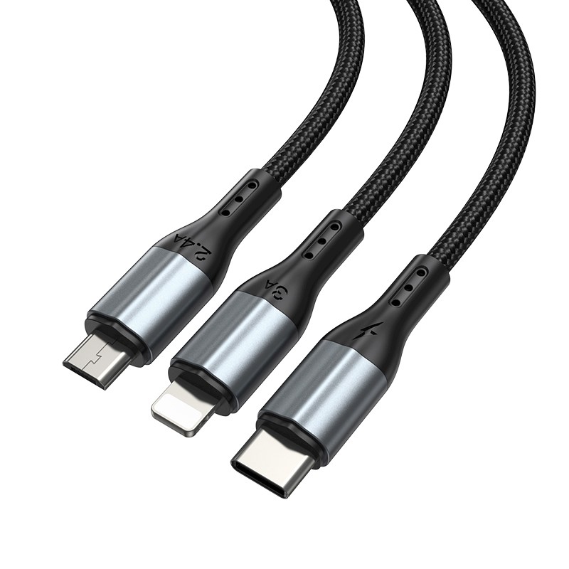 Καλώδιο Φόρτισης Bwoo X274 3in1 Usb To Type-c Lightning Micro Usb 3a 1.2m Black