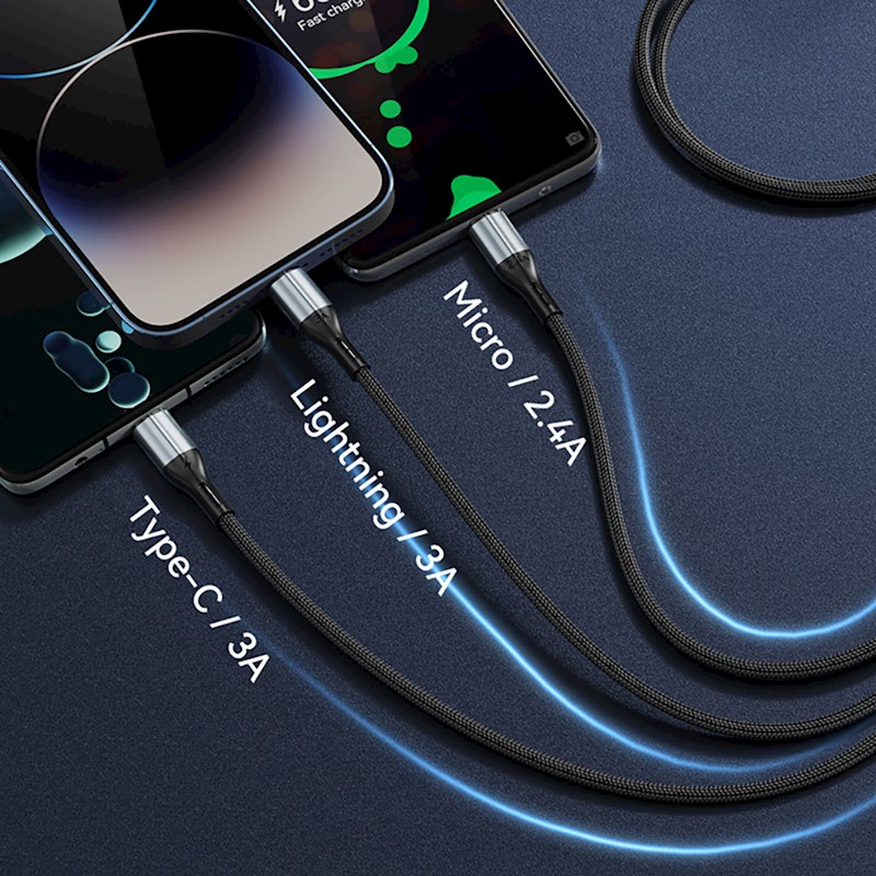 Καλώδιο Φόρτισης Bwoo X274 3in1 Usb To Type-c Lightning Micro Usb 3a 1.2m Black