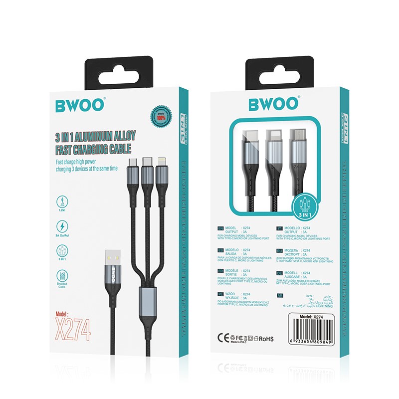 Καλώδιο Φόρτισης Bwoo X274 3in1 Usb To Type-c Lightning Micro Usb 3a 1.2m Black